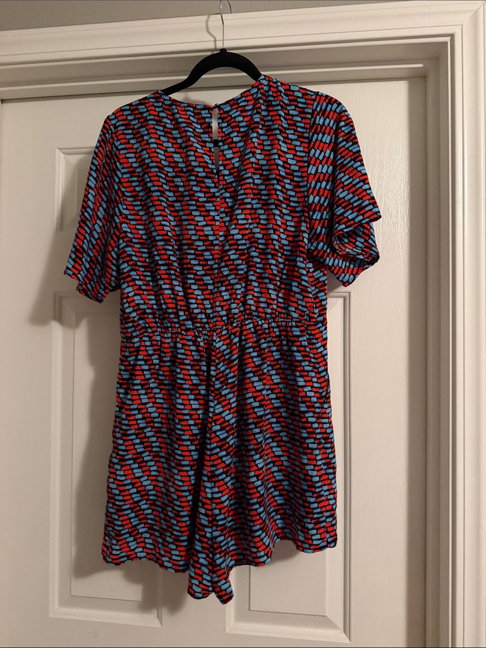 Womens Red & Blue Patterned Short Sleeve Rompers with Ruffle Neck - Picture 4 of 4